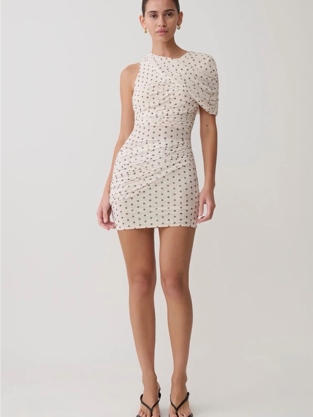 Meshki Cream One-Shoulder Polka Dot Ruched Mini Dress
